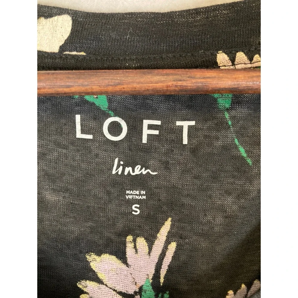 Cottagecore LOFT Women Size S Black Floral 100% Linen Flutter Sleeve Scoop Neck‎ - Picture 3 of 9